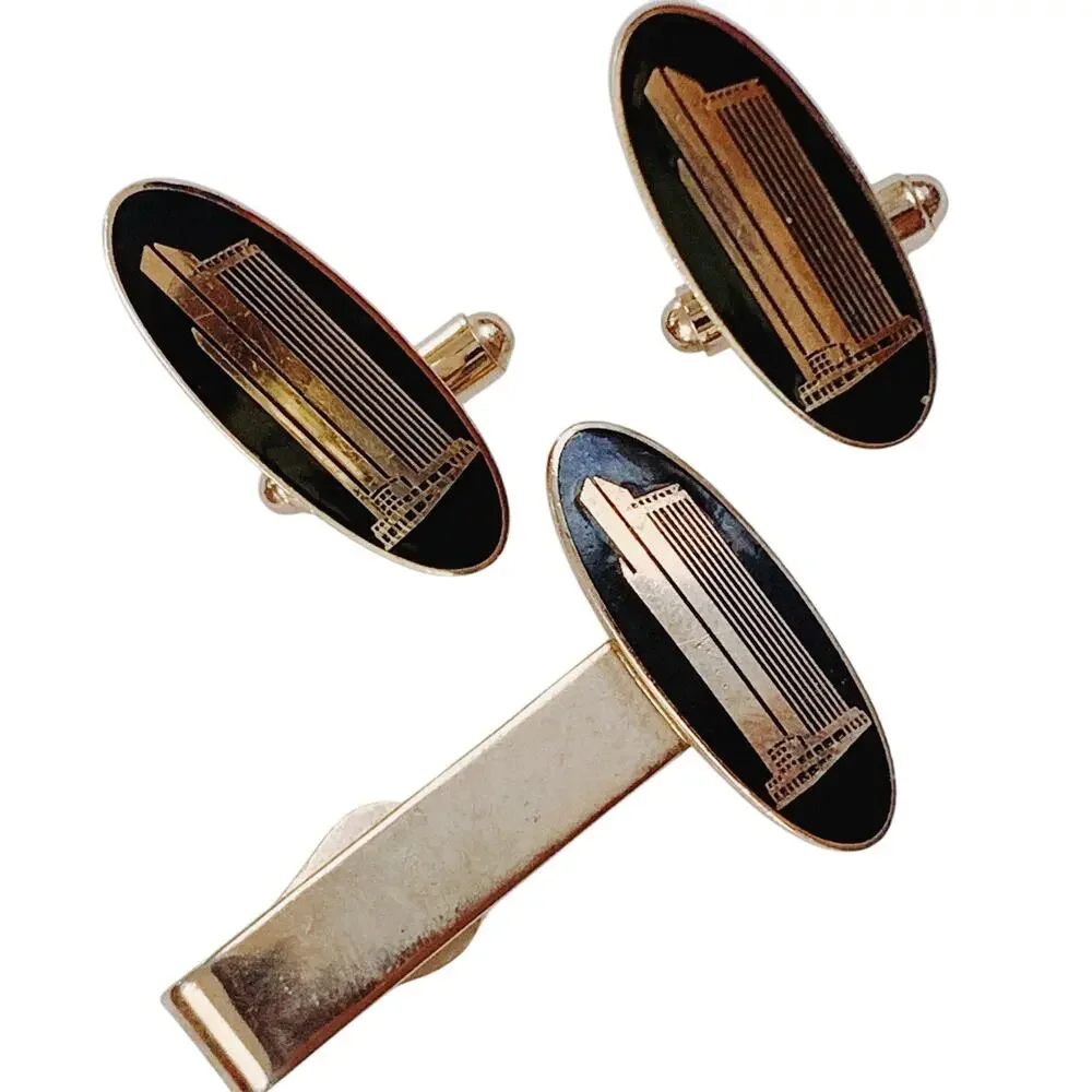 VTG Mid Century Black Cufflinks Tie Bar Chain 3-Piece Set Skyscraper Gold Tone